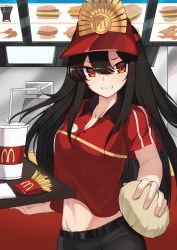 Rule 34 | 1girl, black hair, breasts, cowboy shot, drink, fate (series), food, french fries, grin, hat, holding, holding food, holding tray, indoors, k jin, koha-ace, long hair, looking at viewer, mcdonald&#039;s, medium breasts, navel, oda nobunaga (fate), oda nobunaga (koha-ace), pants, peaked cap, red eyes, red shirt, shirt, short sleeves, smile, solo, teeth, tray, tsurime