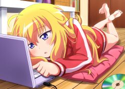 Rule 34 | 1girl, :o, ahoge, bare legs, barefoot, blonde hair, blue eyes, blush, bookshelf, cd, commentary request, computer, crossed ankles, dbmaster, door, feet, gabriel dropout, gabriel tenma white, hair between eyes, indoors, jacket, laptop, legs, long hair, long sleeves, lying, no pants, on pillow, on stomach, open mouth, red jacket, soles, solo, table, the pose, toes, track jacket, typing, very long hair, wire, wooden floor