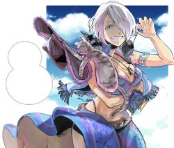 Rule 34 | alcohol, angel (kof), breasts, cat, cropped jacket, hair over one eye, large breasts, mexican dress, official alternate costume, smile, solo, the king of fighters, white hair