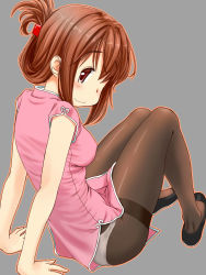 Rule 34 | 1girl, arm support, black footwear, brown eyes, brown hair, brown pantyhose, china dress, chinese clothes, dress, flats, folded ponytail, highres, long hair, looking back, md5 mismatch, original, panties, panties under pantyhose, pantyhose, pink dress, retsumaru, shoes, sidelocks, sitting, solo, thighband pantyhose, underwear, white panties