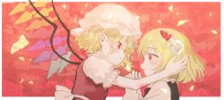 Rule 34 | 2girls, :o, arm up, backlighting, blonde hair, border, brown neckwear, carbonara hontyotyo, clenched hands, closed mouth, eye contact, eyelashes, face-to-face, flandre scarlet, floating hair, floral background, flower, frilled shirt collar, frilled sleeves, frills, from side, hair behind ear, hair between eyes, hair flower, hair ornament, hair ribbon, hand on another&#039;s head, hands up, hat, light blush, light particles, light smile, long sleeves, looking at another, mob cap, multiple girls, outside border, outstretched arm, own hands together, pale color, parted lips, pointy ears, profile, puffy long sleeves, puffy short sleeves, puffy sleeves, red background, red eyes, red ribbon, red vest, ribbon, rose, rumia, sash, shirt, short hair, short sleeves, sideways mouth, slit pupils, tareme, touhou, upper body, vest, wavy hair, white border, white flower, white headwear, white rose, white shirt, wings