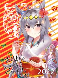 Rule 34 | 1girl, 2022, absurdres, ahoge, alternate eye color, animal ears, animal print, blush, bowl, brown eyes, chinese zodiac, chopsticks, closed mouth, commentary request, ear ornament, eating, fish print, floral print kimono, food, fur-trimmed kimono, fur trim, grey hair, hair between eyes, happy new year, highres, holding, holding bowl, holding chopsticks, horse ears, horse girl, japanese clothes, kimono, looking at viewer, mochi, multicolored background, multicolored hair, new year, obi, oguri cap (umamusume), red background, sash, smile, solo, streaked hair, striped background, umamusume, white background, year of the tiger, yomesuket, zouni soup