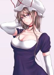 Rule 34 | 1girl, akiyama cz4a, arm behind head, blonde hair, breasts, choker, cleavage, dress, elbow gloves, gloves, hair up, hat, hat ribbon, head tilt, highres, large breasts, light smile, long hair, looking at viewer, mob cap, mole, mole on breast, mole under eye, purple background, purple dress, purple eyes, red choker, red ribbon, ribbon, sidelocks, simple background, solo, touhou, white gloves, white hat, yakumo yukari