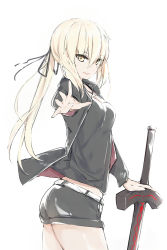 Rule 34 | 1girl, artoria pendragon (all), artoria pendragon (fate), black jacket, black ribbon, black shirt, black shorts, blonde hair, cowboy shot, cross, cross necklace, fate/grand order, fate/stay night, fate (series), hair between eyes, hair ribbon, highres, jacket, jewelry, long hair, long sleeves, looking at viewer, necklace, official alternate costume, open clothes, open jacket, outstretched arm, pendant, ribbon, saber (fate), saber alter, saber alter (ver. shinjuku 1999) (fate), shirt, short shorts, shorts, silver (chenwen), sketch, solo, standing, sword, thighs, weapon, white background, yellow eyes
