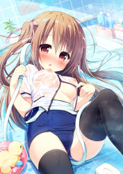 Rule 34 | 1girl, ahoge, black thighhighs, blouse, blush, breasts, brown hair, cameltoe, clothes pull, commentary request, covered navel, holding, indoors, long hair, looking at viewer, medium breasts, mirror, natsuka (unagi-unagi-unagi), nipples, one-piece swimsuit, one-piece swimsuit pull, open mouth, original, plant, potted plant, rubber duck, school swimsuit, see-through, shirt, shower head, soap, solo, swimsuit, swimsuit under clothes, thighhighs, tile floor, tiles, two side up, wet, wet clothes, white shirt