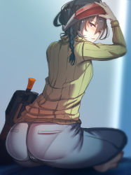 Rule 34 | 1girl, absurdres, arm up, ass, at2., black hair, blue eyes, blurry, blush, braid, bullpup, closed mouth, denim, depth of field, from behind, green sweater, gun, hair between eyes, head-mounted display, highres, indian style, jeans, jitome, kohiruimaki karen, looking at viewer, looking back, p90, pants, pantylines, personal defense weapon, ribbed sweater, side braid, single braid, sitting, solo, submachine gun, sweater, sword art online, sword art online alternative: gun gale online, turtleneck, turtleneck sweater, weapon
