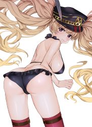Rule 34 | 1girl, ass, bent over, bikini, black bikini, blush, closed mouth, cowboy shot, from behind, granblue fantasy, hat, highres, light brown hair, long hair, looking back, lowleg, lowleg bikini, luicent, monica (granblue fantasy), peaked cap, pink thighhighs, purple eyes, simple background, solo, strap gap, swimsuit, thighhighs, twintails, very long hair, white background