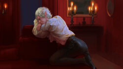 Rule 34 | 1boy, astarion, baldur&#039;s gate, baldur&#039;s gate 3, black pants, candle, closed eyes, closed mouth, dungeons &amp; dragons, from side, grey hair, highres, indoors, long sleeves, male focus, mirror, pants, pointy ears, shirt, shoes, short hair, solo, sunsetagain, white shirt