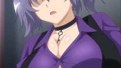 Rule 34 | 1girl, animated, animated gif, bra, breasts, cleavage, huge breasts, open mouth, purple hair, ryou seibai!, shiraishi yamiko, solo, straining buttons, underwear, upper body