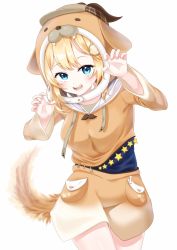 Rule 34 | 1girl, adapted costume, animal hood, blonde hair, blue eyes, brown hoodie, claw pose, cosplay, cowboy shot, detective, dog hood, dog tail, fang, gawr gura, gawr gura (cosplay), hair ornament, highres, hololive, hololive english, hood, hoodie, light blush, medium hair, monocle, open mouth, raised eyebrows, senchu, simple background, smile, solo, tail, teeth, virtual youtuber, watson amelia, white background, wide sleeves