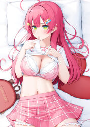 Rule 34 | 1girl, ahoge, bag, bandaid, bandaid hair ornament, bed sheet, blush, bra, breasts, cat hair ornament, cleavage, clothes lift, commentary request, green eyes, hair between eyes, hair ornament, head on pillow, highres, hololive, large breasts, lifting own clothes, looking at viewer, lying, mixed-language commentary, navel, nyan (reinyan 007), on back, on bed, pink hair, pink skirt, plaid, plaid skirt, sailor collar, sakura miko, sakura miko (school uniform), shirt, shirt lift, short sleeves, skirt, solo, underwear, unworn bag, virtual youtuber, white bra, white sailor collar, white shirt