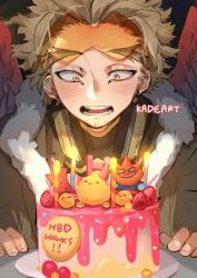 Rule 34 | 1boy, artist name, bad id, bad pixiv id, birthday cake, blonde hair, blush, boku no hero academia, cake, candle, candlelight, commentary, endeavor (boku no hero academia), facial hair, food, goggles, goggles on head, happy birthday, hawks (boku no hero academia), kadeart, looking down, male focus, open mouth, red wings, short hair, smile, solo, upper body, wings, yellow eyes