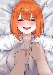 Rule 34 | 1girl, amog, bed sheet, blush, breasts, closed eyes, collared shirt, commentary, embarrassed, eyebrows hidden by hair, flying sweatdrops, go-toubun no hanayome, hair between eyes, highres, large breasts, lying, medium hair, nakano yotsuba, nervous smile, no hairband, no headwear, on back, open mouth, orange hair, round teeth, shirt, short sleeves, smile, solo focus, sweat, teeth, undressing another, upper body, upper teeth only, v-shaped eyebrows, wavy mouth, white shirt