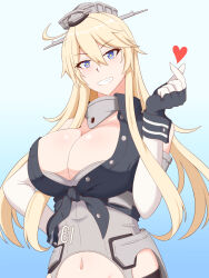 Rule 34 | 1girl, blonde hair, blue background, blue eyes, breasts, collar, elbow gloves, front-tie top, gloves, gradient background, headgear, heart, highres, iowa (kancolle), kantai collection, lactone, large breasts, metal collar, navel, smile, solo, star-shaped pupils, star (symbol), symbol-shaped pupils, upper body