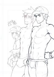 Rule 34 | 2016, 3boys, armpit hair, bad id, bad twitter id, baseball cap, blue oak, blue oak (pokemon sm), blush, bulge, covering crotch, covering privates, creatures (company), dated, elio (pokemon), erection, erection under clothes, eyewear on head, game freak, greyscale, hands on own hips, hat, jockstrap, kyouta (a01891226), lineart, looking at another, looking down, male focus, male swimwear, male underwear, monochrome, multiple boys, muscular, nintendo, nipples, penis, penis peek, pokemon, pokemon sm, red (pokemon), red (pokemon sm), short hair, spiked hair, sunglasses, swept bangs, swim briefs, swimsuit, swimsuit tug, toned, toned male, underwear, white background
