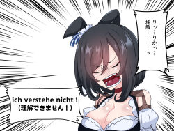 Rule 34 | 1girl, 1koma, animal ears, bilingual, black hair, breasts, choker, cleavage, comic, commentary request, detached sleeves, ear scrunchie, ears down, eishin flash (umamusume), emphasis lines, german text, hair between eyes, highres, horse ears, horse girl, kamen no hito, large breasts, mixed-language text, open mouth, red choker, short hair, shouting, solo, speech bubble, translated, umamusume, upper body, white background