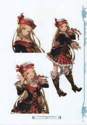 Rule 34 | 1girl, absurdres, blonde hair, boots, breasts, brown eyes, brown footwear, cleavage, dress, frilled sleeves, frills, granblue fantasy, hat, high heel boots, high heels, highres, holding, holding microphone, long sleeves, looking at viewer, medium breasts, microphone, minaba hideo, multiple views, official art, open mouth, page number, scan, smile