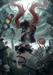 Rule 34 | 1girl, absurdres, alternate costume, animal ears, black jacket, blue eyes, bow, dice, fishnet thighhighs, fishnets, glowing, glowing eye, grey sky, hair over one eye, hakos baelz, hat, highres, hololive, hololive english, jacket, long hair, military hat, miniskirt, mouse (animal), mouse ears, mouse tail, mr. squeaks (hakos baelz), navel, necktie, red hair, road sign, ruins, sign, single thighhigh, skirt, sky, smile, stop sign, suoniko, suspender skirt, suspenders, tail, tail bow, tail ornament, thigh strap, thighhighs, traffic light, twintails, utility pole, very long hair, virtual youtuber