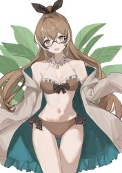 Rule 34 | 1girl, :d, absurdres, bikini, black-framed eyewear, black hair, bow, brown eyes, brown hair, coat, collarbone, collared bikini, dimas (dimas79756948), frilled coat, frills, glasses, hair ornament, hairclip, highres, hololive, hololive english, leaf, long hair, looking at viewer, multicolored hair, nanashi mumei, navel, open clothes, open coat, open mouth, ponytail, red bikini, red bow, semi-rimless eyewear, sidelocks, simple background, sleeves past fingers, sleeves past wrists, smile, solo, streaked hair, swimsuit, very long sleeves, virtual youtuber, white background, white hair