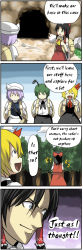 Rule 34 | 4girls, 4koma, antennae, ascot, backpack, bag, black hair, blonde hair, blue eyes, bow, cave, comic, detached sleeves, female focus, from behind, green hair, hair bow, hair tubes, hakurei reimu, hard-translated, hat, is that so, just as planned (meme), letty whiterock, long image, meme, multiple girls, pageratta, purple hair, rock, rumia, shoot the bullet, tall image, third-party edit, touhou, translated, tree, wriggle nightbug