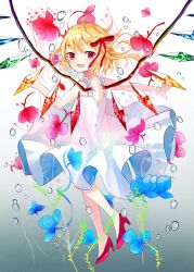 Rule 34 | 1girl, alternate costume, bare shoulders, blonde hair, blue flower, dress, flandre scarlet, flower, frills, full body, gradient background, grey background, hair ribbon, happy, high heels, looking at viewer, looking back, medium hair, multicolored wings, no headwear, no socks, open mouth, pink flower, red eyes, red footwear, red ribbon, ribbon, sakizaki saki-p, simple background, solo, sundress, touhou, white background, white dress, wings