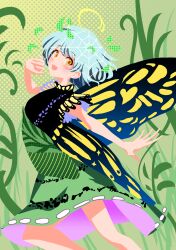 Rule 34 | 1girl, :d, antennae, aqua hair, butterfly wings, commentary, dress, eternity larva, green background, green dress, highres, insect wings, leaf, leaf on head, looking at viewer, open mouth, outdoors, plant, silk, smile, solo, spider web, teruteru12, touhou, two-tone dress, wings, yellow eyes