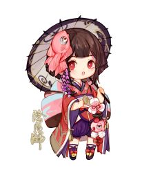 Rule 34 | 1girl, absurdres, back bow, bell, blush, bow, bright pupils, brown hair, chibi, clog sandals, copyright name, copyright request, fish hair ornament, footwear bow, full body, hair ornament, highres, holding, holding umbrella, japanese clothes, jingle bell, kimono, light blush, long sleeves, looking at viewer, obi, oil-paper umbrella, okobo, onmyoji, parted lips, pigeon-toed, puffy pants, red bow, red kimono, rosette (yankaixuan), sandals, sash, shoes, short hair, simple background, solo, standing, umbrella, white background, white umbrella, wide sleeves
