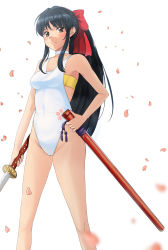 Rule 34 | 1girl, alternate costume, bare arms, bare legs, black hair, blurry, blurry foreground, blush, bow, breasts, brown eyes, casual one-piece swimsuit, cherry blossoms, choker, closed mouth, collarbone, hair bow, highleg, highleg swimsuit, highres, holding, holding sheath, holding sword, holding weapon, katana, long hair, looking at viewer, one-piece swimsuit, ponytail, red bow, sakura taisen, sheath, shinguuji sakura, sidelocks, simple background, small breasts, smile, solo, standing, swimsuit, sword, unsheathed, very long hair, weapon, white background, white choker, white one-piece swimsuit, yoo tenchi