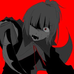Rule 34 | 1other, adagumo no saragimaru, androgynous, blunt bangs, fangs, fangs out, high ponytail, highres, holding, holding knife, knife, len&#039;en, mxx33, one eye covered, red background, red eyes, short hair, snake tail, sweatdrop, tail