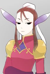 Rule 34 | 1girl, animal ears, black eyes, breasts, breath of fire, breath of fire iv, brown hair, bun cover, closed mouth, commentary request, dress, eyeshadow, gloves, highres, looking at viewer, makeup, medium hair, simple background, solo, ursula (breath of fire)
