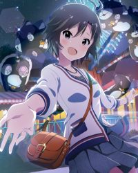 Rule 34 | 1girl, amusement park, antenna hair, artist request, bag, black eyes, black hair, blush, bracelet, ferris wheel, idolmaster, idolmaster (classic), idolmaster million live!, idolmaster million live! theater days, jewelry, kikuchi makoto, looking at viewer, necklace, night, night sky, official art, open mouth, outstretched hand, raised eyebrows, short hair, skirt, sky, smile, solo