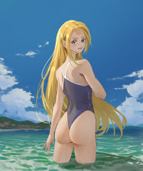 Rule 34 | 1girl, absurdres, ass, beach, blonde hair, blue eyes, blue one-piece swimsuit, blue sky, cloud, competition school swimsuit, cowboy shot, day, dongsam, highres, horizon, kofune ushio, long hair, looking at viewer, looking back, mountain, ocean, one-piece swimsuit, one-piece thong, outdoors, school swimsuit, sky, smile, soaking feet, solo, summertime render, swimsuit
