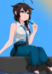 Rule 34 | 1girl, absurdres, ahoge, belt, black hair, blue eyes, blue necktie, blue skirt, blue sky, braid, collared shirt, dress shirt, feet out of frame, food, hair flaps, hair ornament, hair over shoulder, highres, kantai collection, looking up, mashiro shin&#039;ya, necktie, official alternate costume, popsicle, shigure (kancolle), shigure kai ni (kancolle), shirt, single braid, sitting, skirt, sky, sleeveless, sleeveless shirt, solo, white shirt