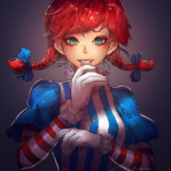 Rule 34 | 1girl, blue bow, blush, bow, braid, breasts, dress, freckles, gloves, green eyes, hair bow, pink lips, pinstripe pattern, puffy short sleeves, puffy sleeves, red hair, rousteinire, short sleeves, smile, solo, striped, swept bangs, teeth, twin braids, twintails, wendy&#039;s, wendy (wendy&#039;s), white gloves