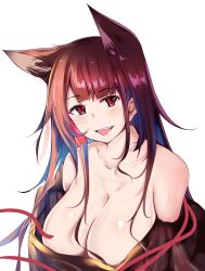 Rule 34 | 1girl, absurdres, akagi (azur lane), animal ears, azur lane, black hair, breasts, cleavage, commentary, fox ears, hair tubes, highres, japanese clothes, large breasts, long hair, looking at viewer, motty, off shoulder, open mouth, red eyes, solo