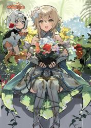 Rule 34 | 2girls, bare shoulders, blonde hair, blue eyes, blush, bouquet, commentary request, day, detached sleeves, dress, feather hair ornament, feathers, flower, flower in mouth, full body, genshin impact, hair between eyes, hair flower, hair ornament, halo, highres, holding, holding bouquet, long sleeves, looking at viewer, lumine (genshin impact), multiple girls, open mouth, outdoors, paimon (genshin impact), short hair with long locks, sitting, smile, star-shaped pupils, star (symbol), star hair ornament, symbol-shaped pupils, the olphy, tree, white dress, white flower, white hair, yellow eyes