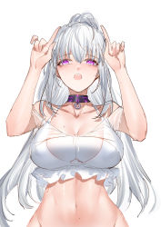 1girl, absurdres, bare shoulders, blush, breasts, choker, cleavage, eyebrows visible through hair, eyes visible through hair, frills, hair between eyes, highres, horz, long hair, mole, mole on breast, mole under eye, navel, open mouth, original, purple eyes, see-through, simple background, sketch, solo, teeth, upper teeth, white background, white hair