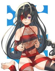 Rule 34 | 1girl, arm strap, bare shoulders, barefoot, black hair, body markings, breasts, collarbone, eyepatch, fate/grand order, fate (series), fishnets, highres, long hair, looking at viewer, mitsurugi sugar, mochizuki chiyome (fate), purple eyes, revealing clothes, sitting, small breasts, smile, snake tattoo, solo, tattoo, thigh strap, thighs, tongue, tongue out, very long hair, wariza