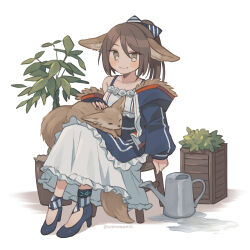 Rule 34 | 1girl, animal, animal ears, animal on lap, apron, arknights, blue apron, blue bow, blue coat, blue footwear, blush, bow, brown eyes, bush, coat, dress, fennec fox, fox ears, fox girl, fox tail, full body, fur-trimmed coat, fur trim, hair bow, high heels, highres, infection monitor (arknights), looking at viewer, on lap, perfumer (arknights), plant, ponytail, potted plant, shadow, short hair, sidelocks, simple background, smile, solo, stool, sushitarou, tail, tree, twitter username, waist apron, watering can, white background, white dress