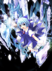 Rule 34 | 1girl, blue dress, blue eyes, blue hair, bow, cirno, dress, hair bow, icicle, kiki (koikuchikinako), looking at viewer, matching hair/eyes, open mouth, outstretched arm, puffy sleeves, shirt, short hair, short sleeves, smile, solo, touhou