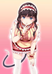 Rule 34 | 1girl, absurdres, apron, bare shoulders, black hair, blue eyes, breasts, cat tail, earrings, finger to mouth, frills, gosledging, hair over shoulder, highres, jewelry, large breasts, leaning forward, long hair, looking at viewer, low twintails, maid, maid headdress, parted lips, shushing, single earring, solo, star (symbol), star earrings, tail, thighhighs, twintails, waist apron, white thighhighs, wristband, zettai ryouiki