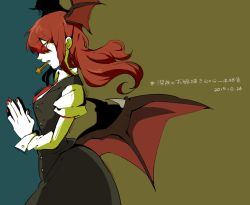 Rule 34 | 1girl, bat wings, collared shirt, cowboy shot, cross, dated, dress shirt, earrings, eyes visible through hair, glowing, glowing eyes, head wings, jewelry, juliet sleeves, koakuma, long hair, long sleeves, low wings, mouth hold, nail polish, namataro, necktie, own hands together, profile, puffy sleeves, red eyes, red hair, red nails, red necktie, shirt, sidelocks, silhouette, sketch, skirt, skirt set, solo, touhou, vest, white shirt, wings