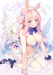 Rule 34 | 1girl, angel wings, animal ears, bare shoulders, black footwear, blue archive, blue bow, blue bowtie, bow, bowtie, breasts, cleavage, collar, detached collar, fake animal ears, frilled thighhighs, frills, hair bun, hair ornament, hair scrunchie, hairband, halo, high heels, highres, homaderi, large breasts, leotard, long hair, looking at viewer, low wings, mika (blue archive), nervous smile, official alternate costume, parted lips, pink hair, pink halo, playboy bunny, rabbit ears, scrunchie, single hair bun, sitting, smile, solo, strapless, strapless leotard, sweat, thighhighs, wariza, white collar, white hairband, white leotard, white thighhighs, white wings, wings, wrist scrunchie, yellow eyes
