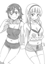 Rule 34 | 2girls, arm up, bare arms, bare legs, bare shoulders, blunt bangs, blush, bra, breasts, camisole, closed mouth, collarbone, commentary, dolphin shorts, frilled camisole, frills, greyscale, hair between eyes, hairband, headphones, headphones around neck, heanna sumire, holding, holding headphones, large breasts, long hair, looking at another, love live!, love live! superstar!!, marugoshi teppei, medium breasts, medium hair, midriff, monochrome, multiple girls, navel, no bra, shibuya kanon, short shorts, shorts, sitting, smile, spaghetti strap, strap slip, striped bra, striped clothes, thighhighs, underwear, white background