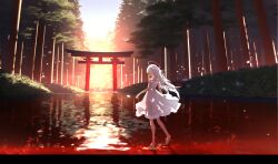 Rule 34 | 1girl, barefoot, commission, day, dress, forest, from behind, halo, highres, letterboxed, long hair, nature, nid417, original, outdoors, ponytail, red eyes, scenery, shirt, sleeveless, sleeveless dress, solo, sundress, sunlight, torii, walking, walking on liquid, water, white dress, white shirt