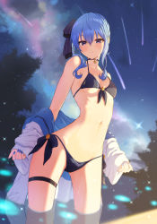 Rule 34 | 1girl, bare shoulders, bikini, blue eyes, blue hair, blue nails, blush, bow, bowsan, breasts, choker, collarbone, front-tie bikini top, front-tie top, hair bow, highres, hololive, hoshimachi suisei, jacket, jacket partially removed, looking at viewer, medium hair, nail polish, navel, night, night sky, parted lips, partially submerged, shooting star, side-tie bikini bottom, side ponytail, sky, small breasts, solo, star (sky), star (symbol), star choker, stomach, swimsuit, thigh strap, virtual youtuber, water