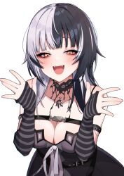 Rule 34 | 1girl, :d, absurdres, black dress, black hair, blunt bangs, blush, breasts, cleavage, commentary request, dress, fangs, highres, hololive, hololive english, large breasts, looking at viewer, multicolored hair, open mouth, seion, shiori novella, shiori novella (1st costume), simple background, smile, solo, split-color hair, striped sleeves, teeth, virtual youtuber, white background, white hair, yellow eyes