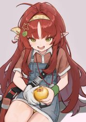 Rule 34 | 1girl, absurdres, alternate costume, apple, apple hair ornament, arknights, bag, blue overalls, chack520, chinese commentary, collared shirt, commentary request, denim, denim overalls, flat chest, food, food-themed hair ornament, fruit, gloves, golden apple, green eyes, grey background, hair ornament, hairband, highres, holding, holding food, holding fruit, long hair, looking at viewer, mole, mole under eye, mole under mouth, myrtle (arknights), open mouth, overall skirt, overalls, panties, pantyshot, pointy ears, polka dot hairband, red bag, red hair, red shirt, revision, shirt, short sleeves, shoulder bag, sidelocks, simple background, single glove, sitting, solo, star (symbol), star hair ornament, teeth, underwear, upper teeth only, variant set, very long hair, white gloves, yellow hairband
