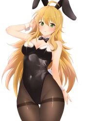 Rule 34 | 1girl, absurdres, ahoge, animal ears, b1ack illust, black bow, black bowtie, black leotard, blonde hair, blush, bow, bowtie, breasts, cleavage, covered navel, detached collar, fake animal ears, green eyes, groin, highres, hoshii miki, idolmaster, idolmaster million live!, large breasts, leotard, long hair, looking at viewer, playboy bunny, rabbit ears, rabbit tail, simple background, solo, tail, very long hair, white background, wrist cuffs