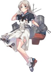 Rule 34 | 1girl, black footwear, blue eyes, blue sailor collar, blush, closed mouth, dress, full body, gloves, grey hair, hat, javelin (kancolle), kantai collection, konishi (koconatu), long hair, machinery, mary janes, official art, rigging, sailor collar, sailor hat, shoes, short sleeves, socks, solo, torn clothes, torn dress, transparent background, turret, white dress, white gloves, white hat, white socks